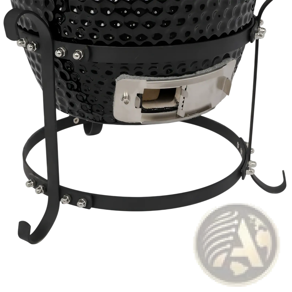 Black 13 inch ceramic kamado charcoal grill with textured pebbled surface and stainless steel access panel