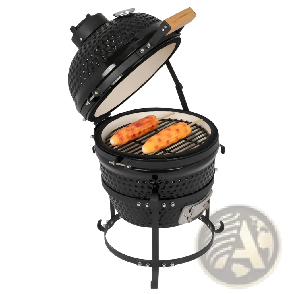 Black 13 inch ceramic kamado charcoal grill with textured exterior hinged lid and metal stand for outdoor cooking