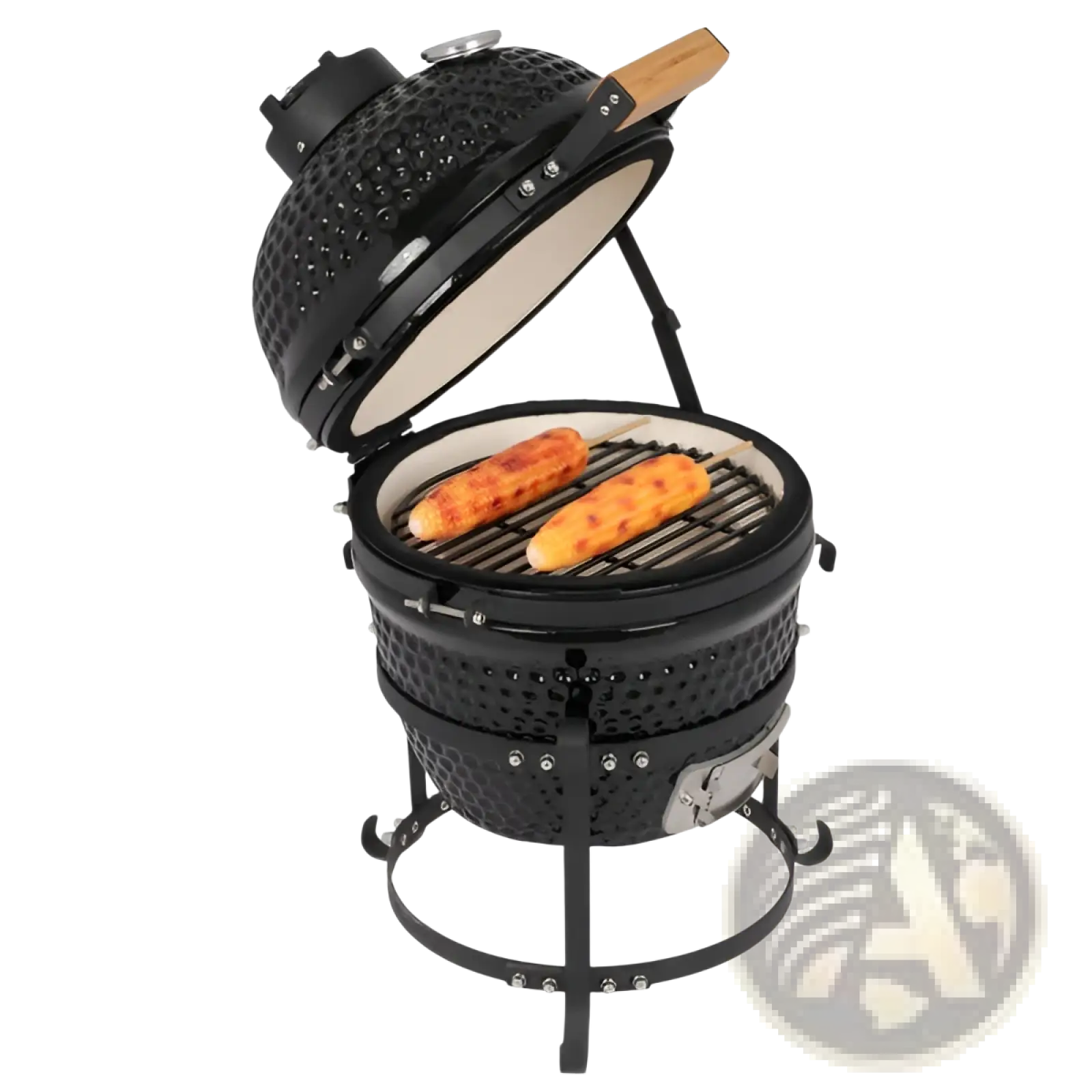 Black 13 inch ceramic kamado charcoal grill with textured exterior hinged lid and metal stand for outdoor cooking