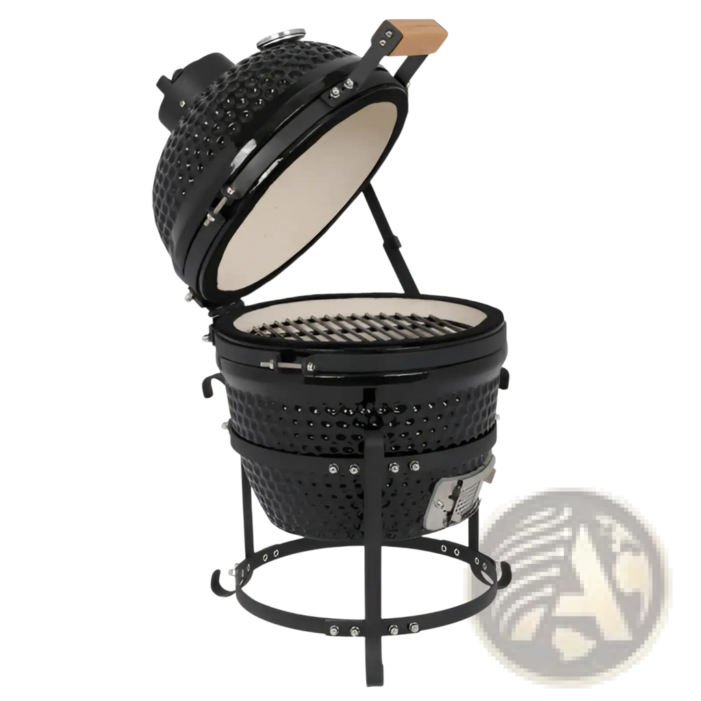 Black 13 inch ceramic kamado charcoal grill with textured exterior wooden lid handle and metal stand