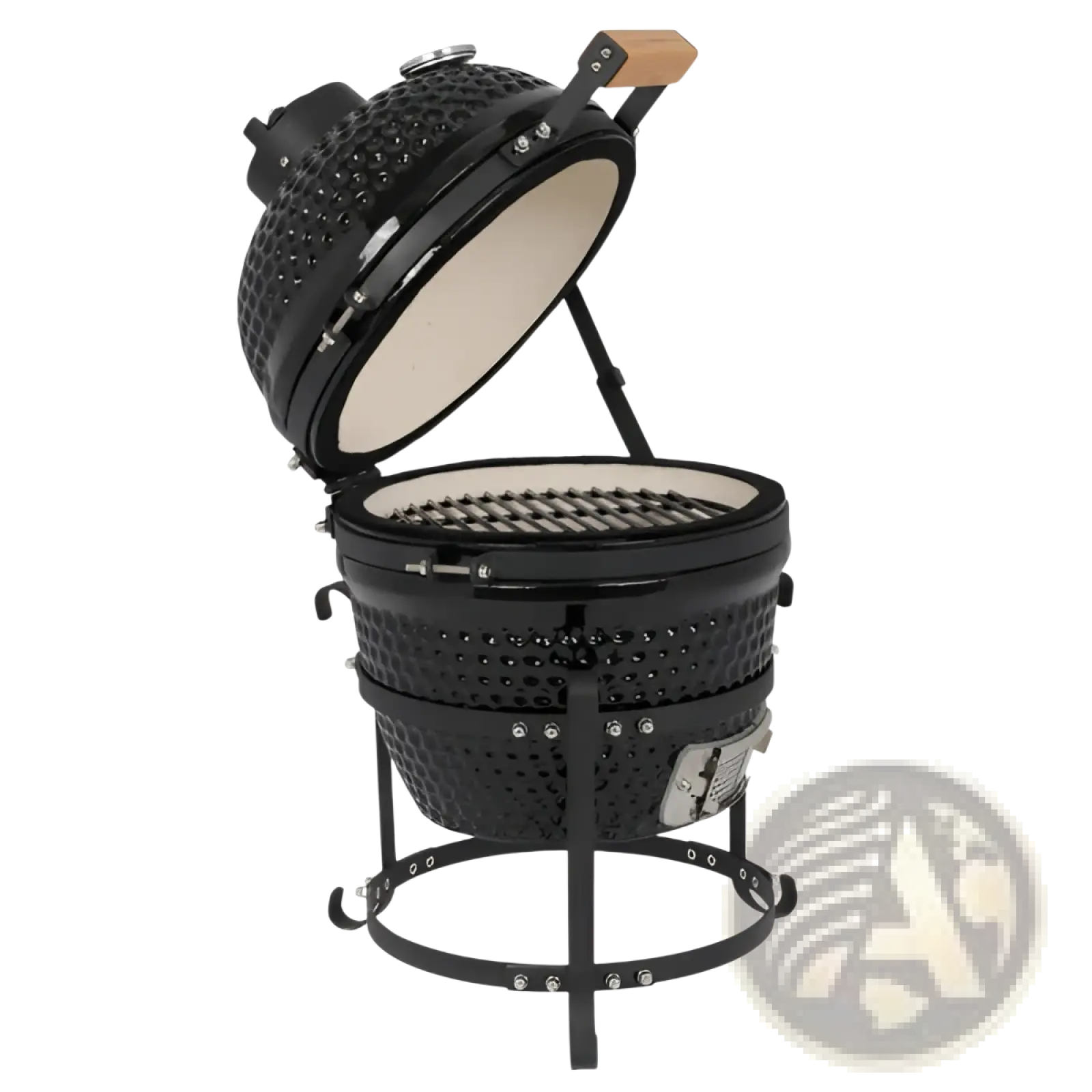 Black 13 inch ceramic kamado charcoal grill with textured exterior wooden lid handle and metal stand