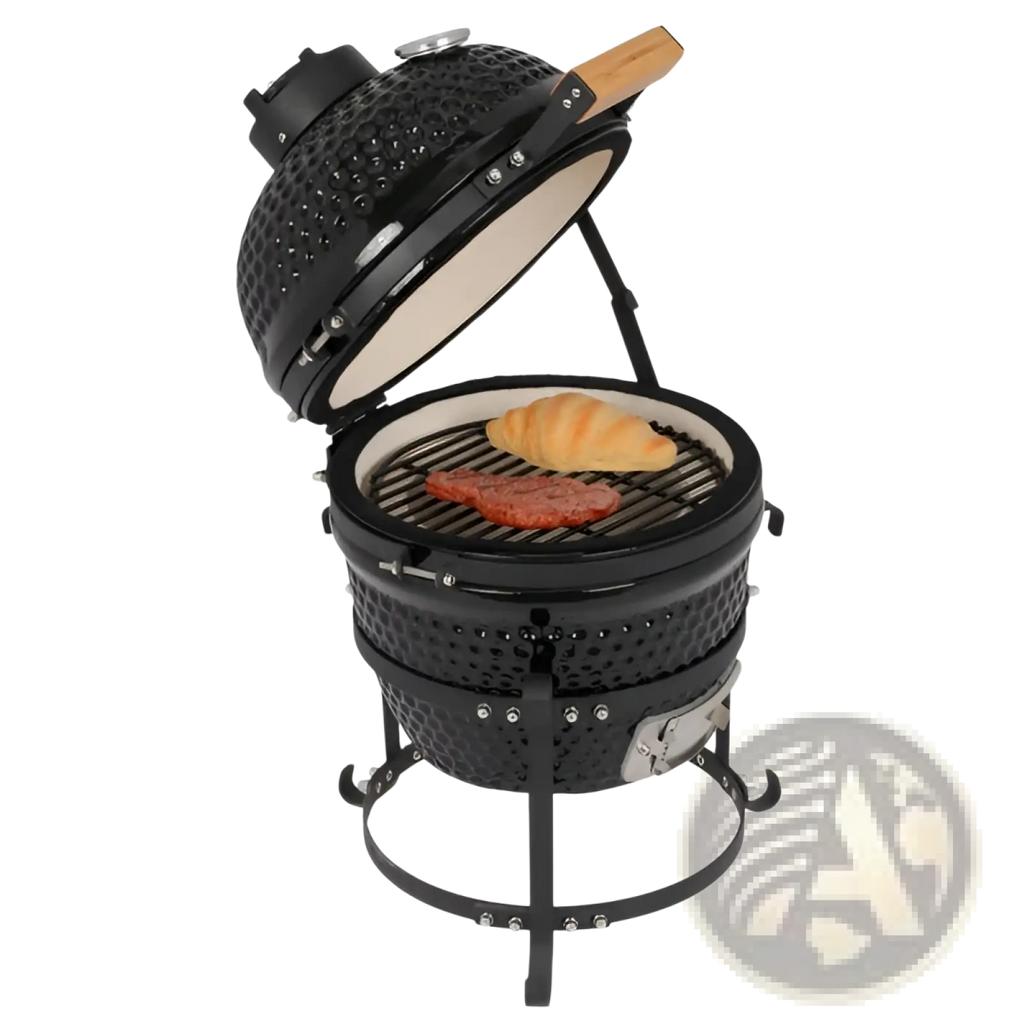 13 inch black ceramic kamado charcoal grill with textured exterior and open lid showing food on the grate