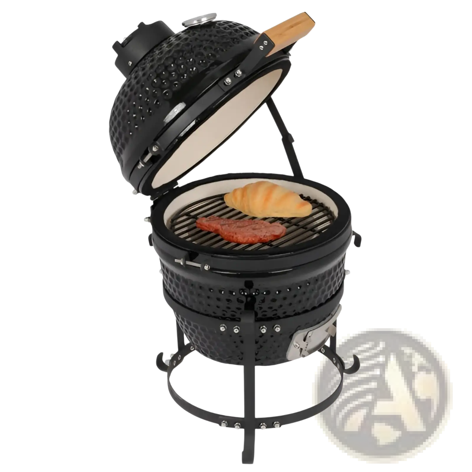 13 inch black ceramic kamado charcoal grill with textured exterior and open lid showing food on the grate