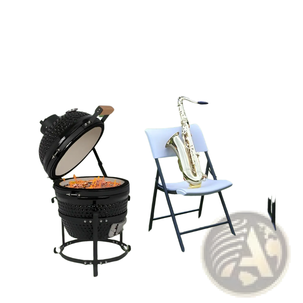 Black 13 inch ceramic kamado charcoal grill with round perforated body and open lid showing glowing embers inside
