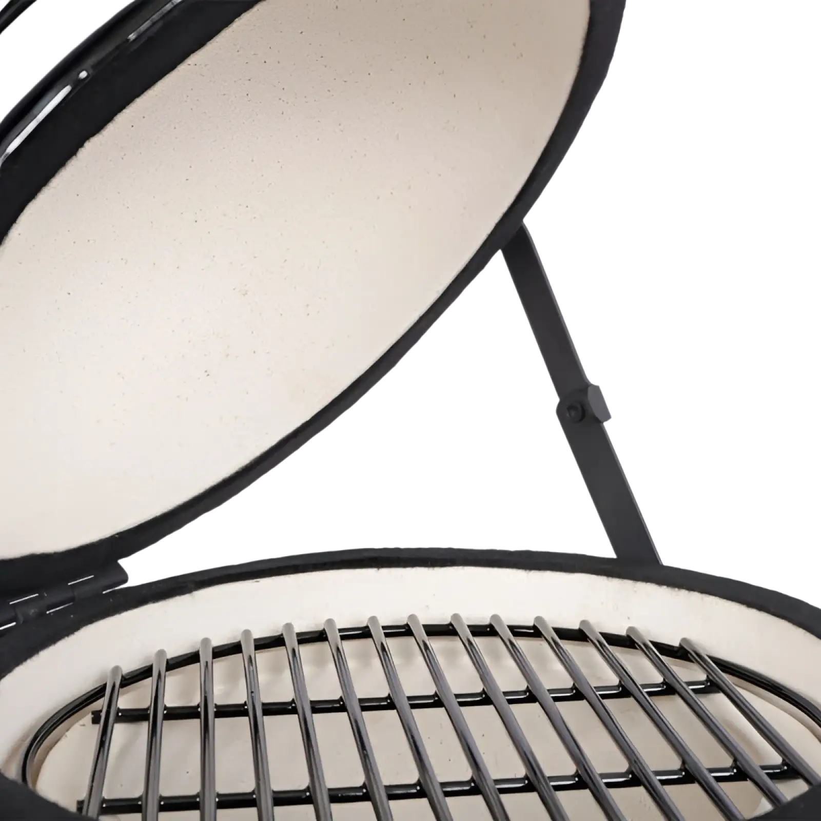 13 inch ceramic kamado charcoal grill in black with white ceramic interior and metal cooking grates for outdoor use