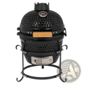 Black 13 inch ceramic kamado charcoal grill with wooden handle and stainless steel accents for outdoor cooking