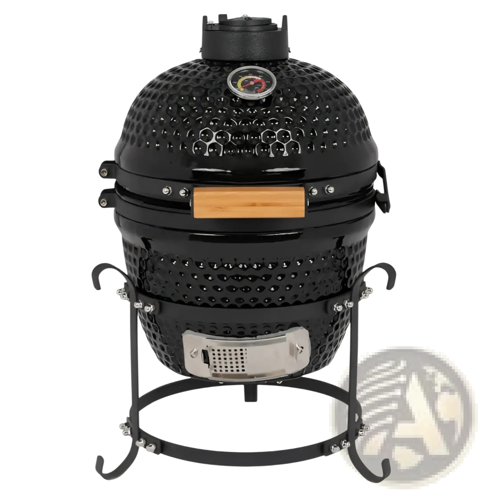 Black 13 inch ceramic kamado charcoal grill with wooden handle and stainless steel accents for outdoor cooking