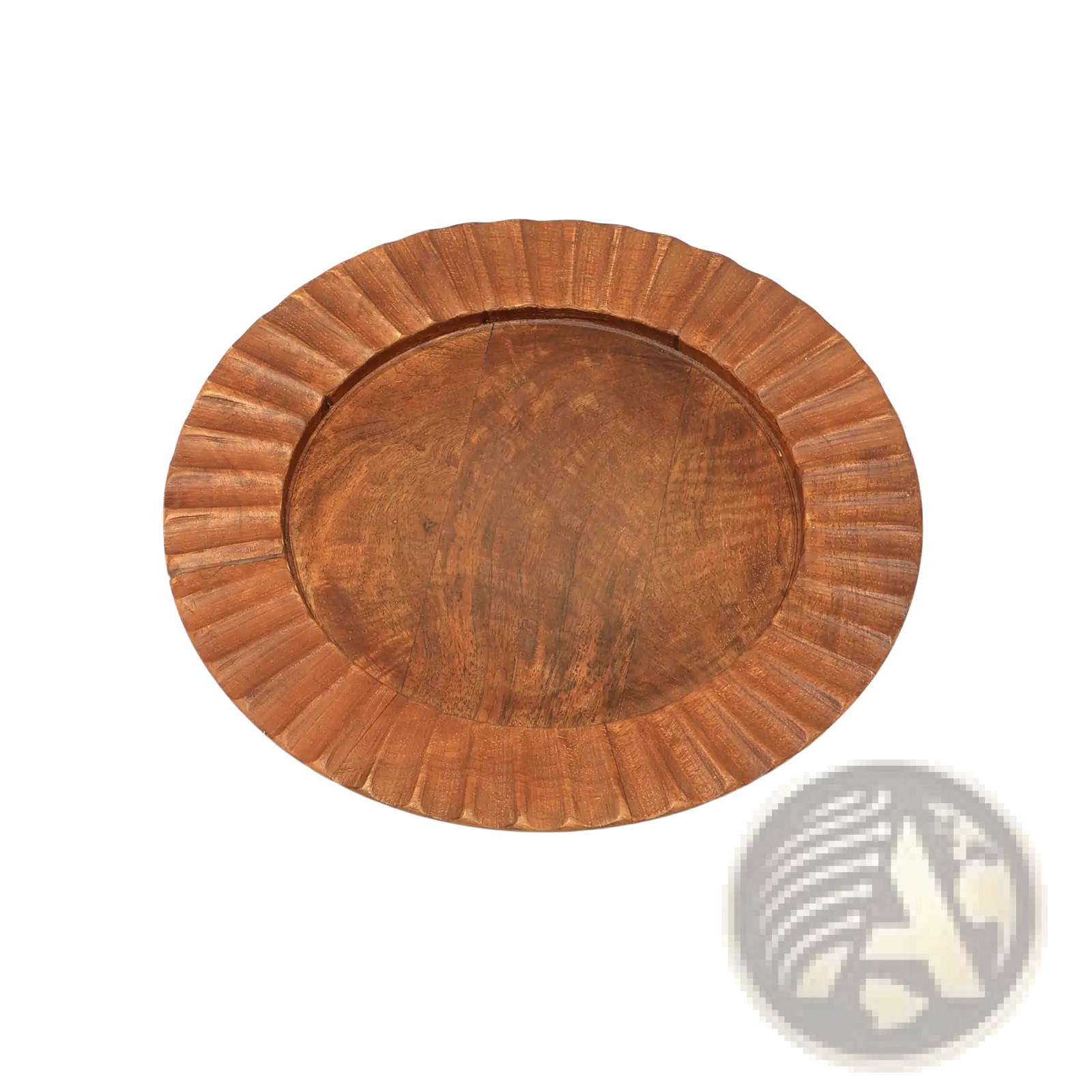 13 inch wood charger plate with hand-carved scalloped edge and warm natural brown finish for serving and tableware