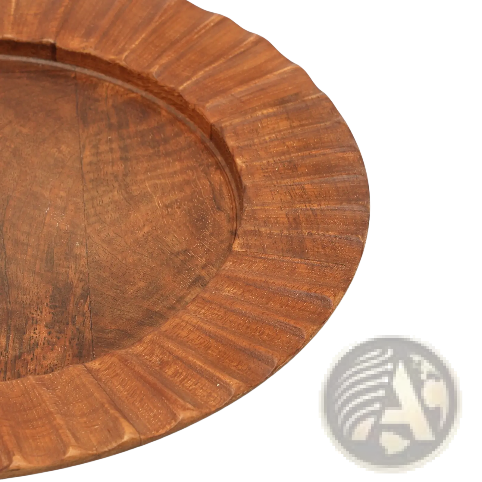A rustic medium-brown wooden 13 inch charger plate with scalloped fluted edge and visible wood grain