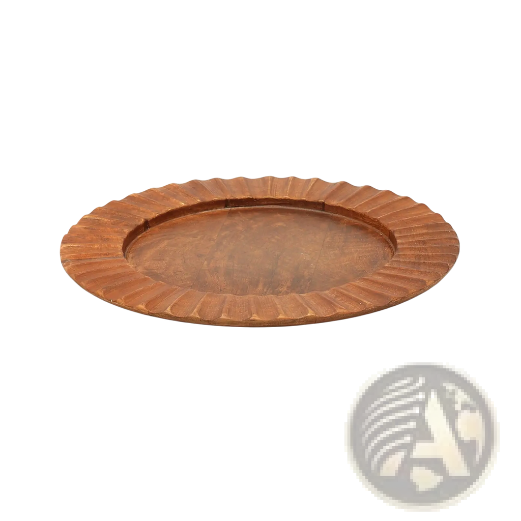 A 13 inch wood charger plate with a rustic copper-toned scalloped metal tray and hammered texture