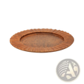 A 13 inch wood charger plate with a rustic copper-toned scalloped metal tray and hammered texture