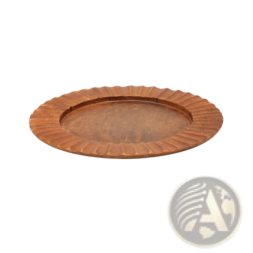 A 13 inch wood charger plate with a rustic copper-toned scalloped metal tray and hammered texture