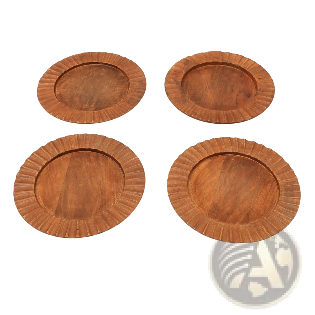 Set of four rustic wooden coasters with scalloped edges and warm natural brown finish for tableware use
