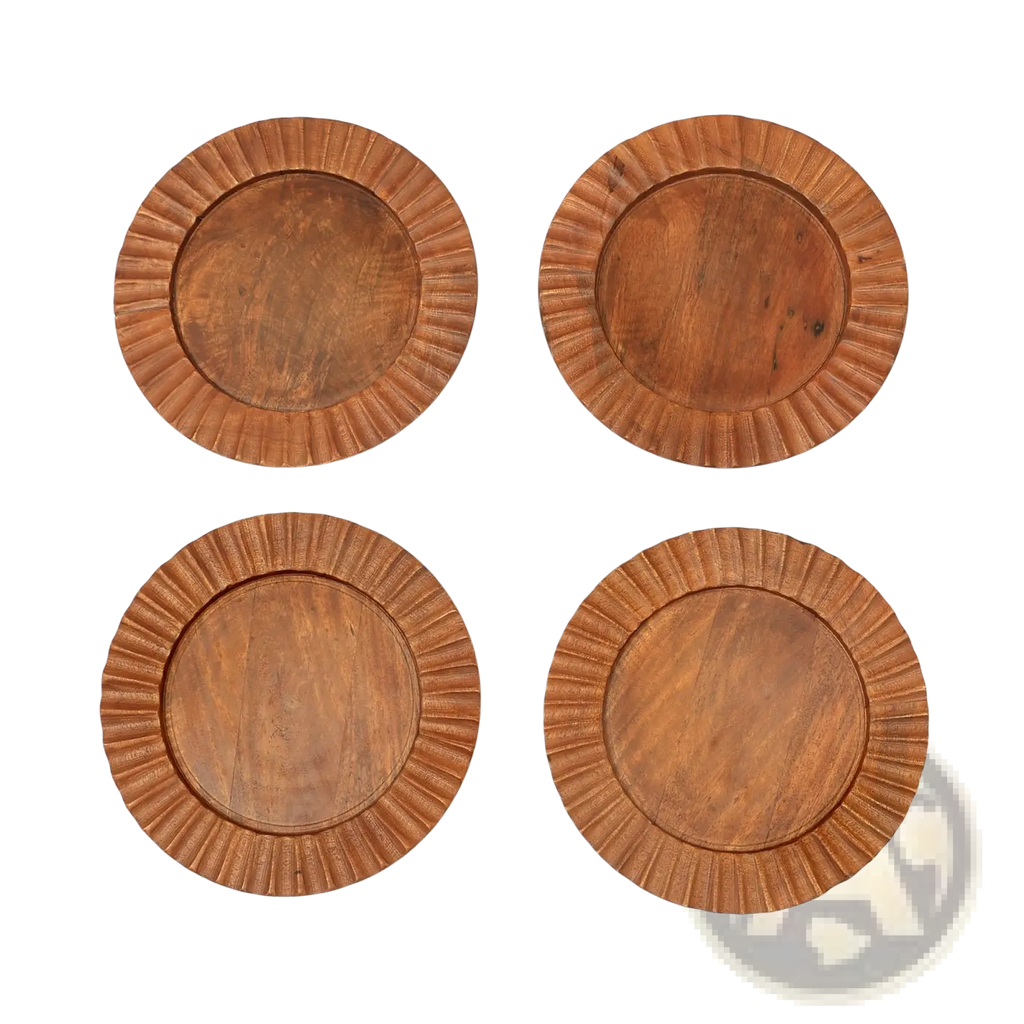 Set of four rustic wooden coasters with sunburst edge design complementing 13 inch wood charger plate scalloped tableware