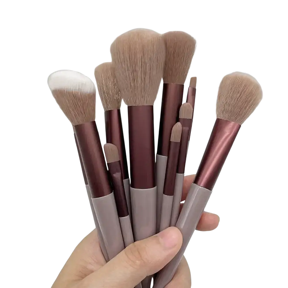 13 pcs makeup brushes set with soft beige and white bristles and metallic rose gold handles for eye shadow and cosmetic use