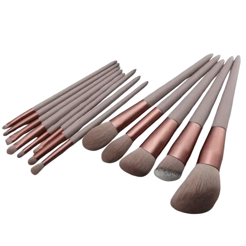 Set of 15 pcs makeup brushes with taupe handles rose gold ferrules and soft synthetic bristles for eye shadow and cosmetics