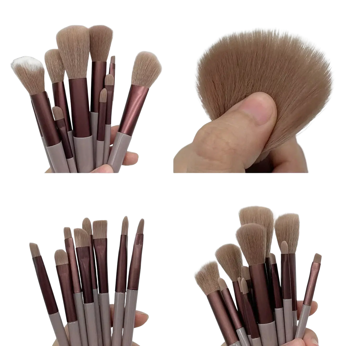 Set of 13 pcs makeup brushes with soft dense brown bristles and sleek rose gold cosmetic brush handles for eye shadow application