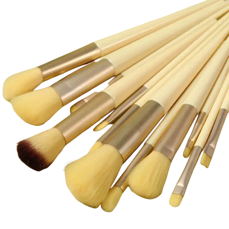Set of 13 pcs makeup brushes with cream wooden handles, gold ferrules, and soft pale yellow bristles for eye shadow use