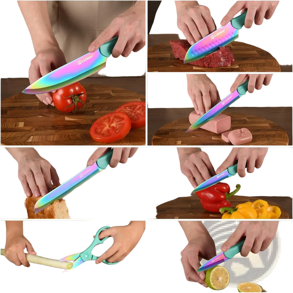 Rainbow-coated stainless steel chef knife with teal handle branded s-min from 13 piece blue stainless steel knife set