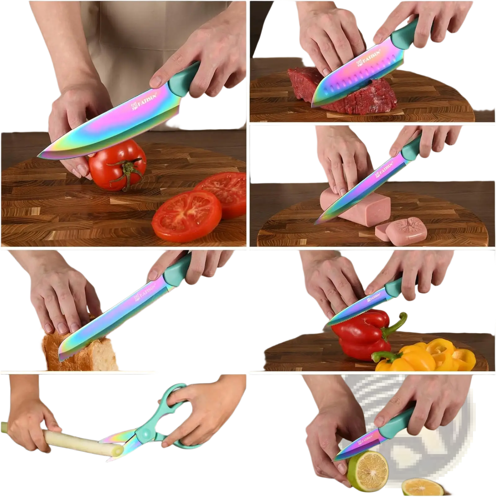 Rainbow-coated stainless steel chef knife with teal handle branded s-min from 13 piece blue stainless steel knife set