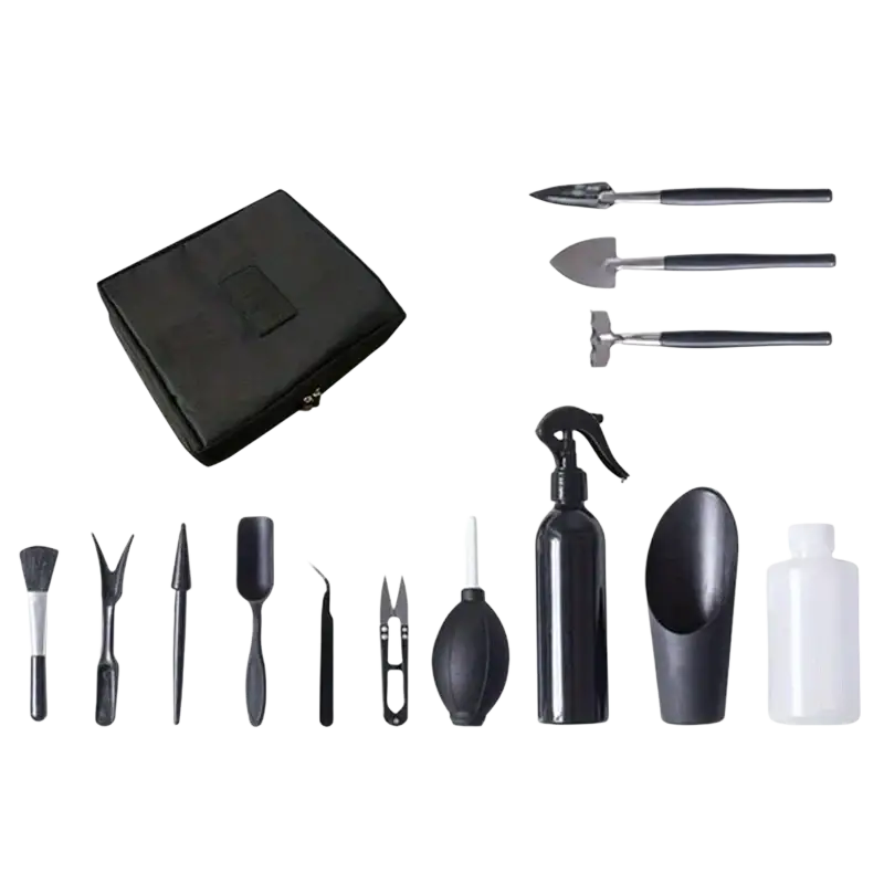 Black 13-piece ergonomic garden tool set in a matching black fabric case for efficient gardening use