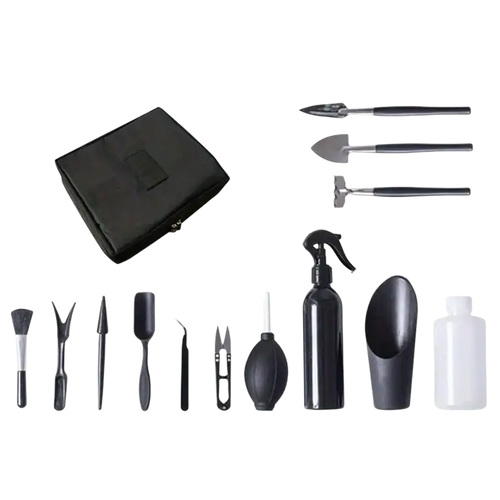 Black 13-piece ergonomic garden tool set in a matching black fabric case for efficient gardening use