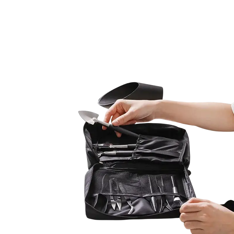 Black fabric 13-piece ergonomic garden tool set with organized compartments holding various metal tools