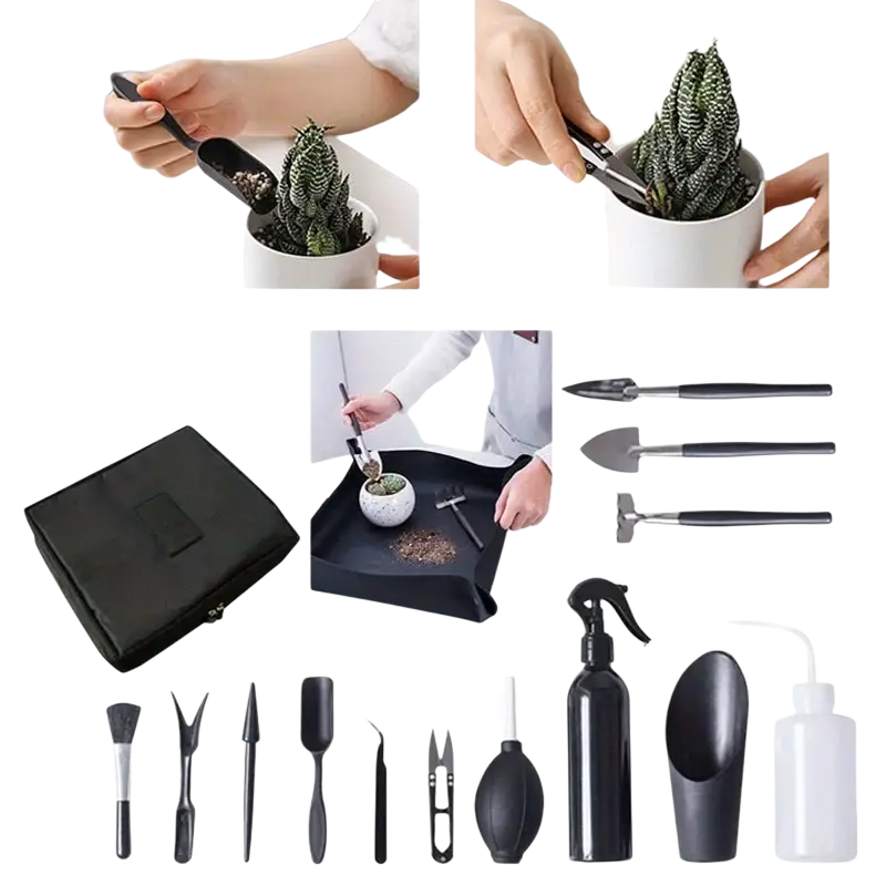 Black plastic 13-piece ergonomic garden tool set including scoops, trowels, pruners, and a spray bottle