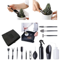 Black plastic 13-piece ergonomic garden tool set including scoops, trowels, pruners, and a spray bottle