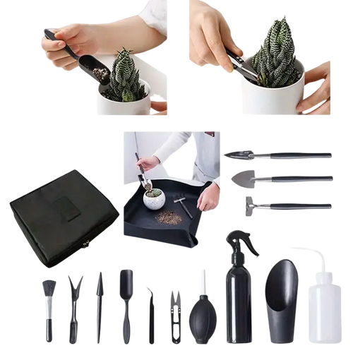 Black plastic 13-piece ergonomic garden tool set including scoops, trowels, pruners, and a spray bottle