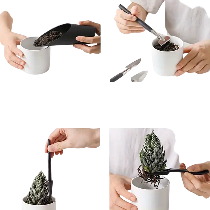 Black plastic ergonomic garden tool set with scoop trowel and fork designed for planting succulents