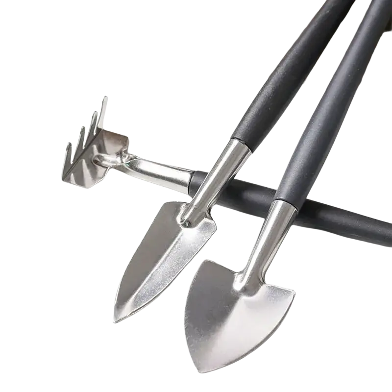 Set of three miniature garden tools with black handles and stainless steel blades from 13-piece ergonomic set