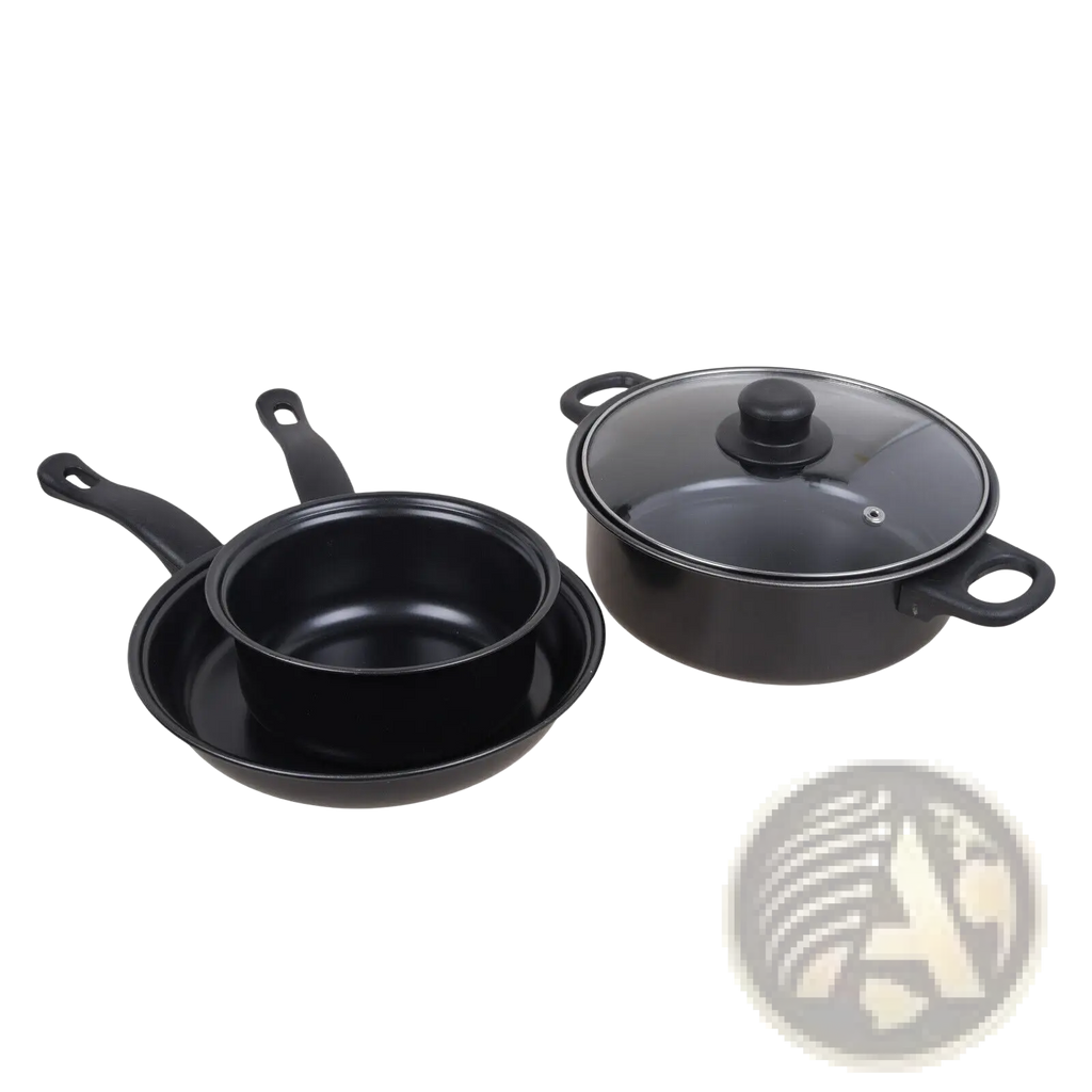 Black non-stick 13 piece cookware set with glass lids featuring frying pan saucepan and matching pot