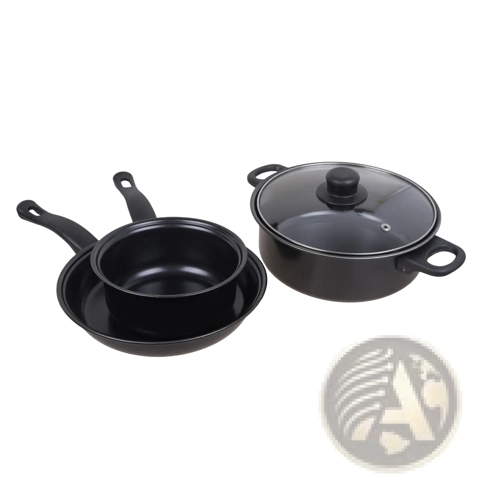 Black non-stick 13 piece cookware set with glass lids featuring frying pan saucepan and matching pot