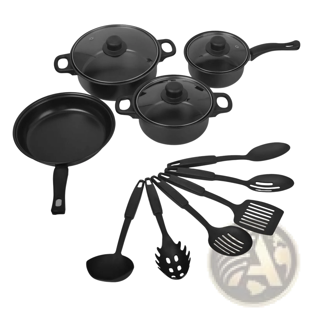 Black 13 piece non stick cookware set with glass lids and matching silicone utensils for versatile cooking