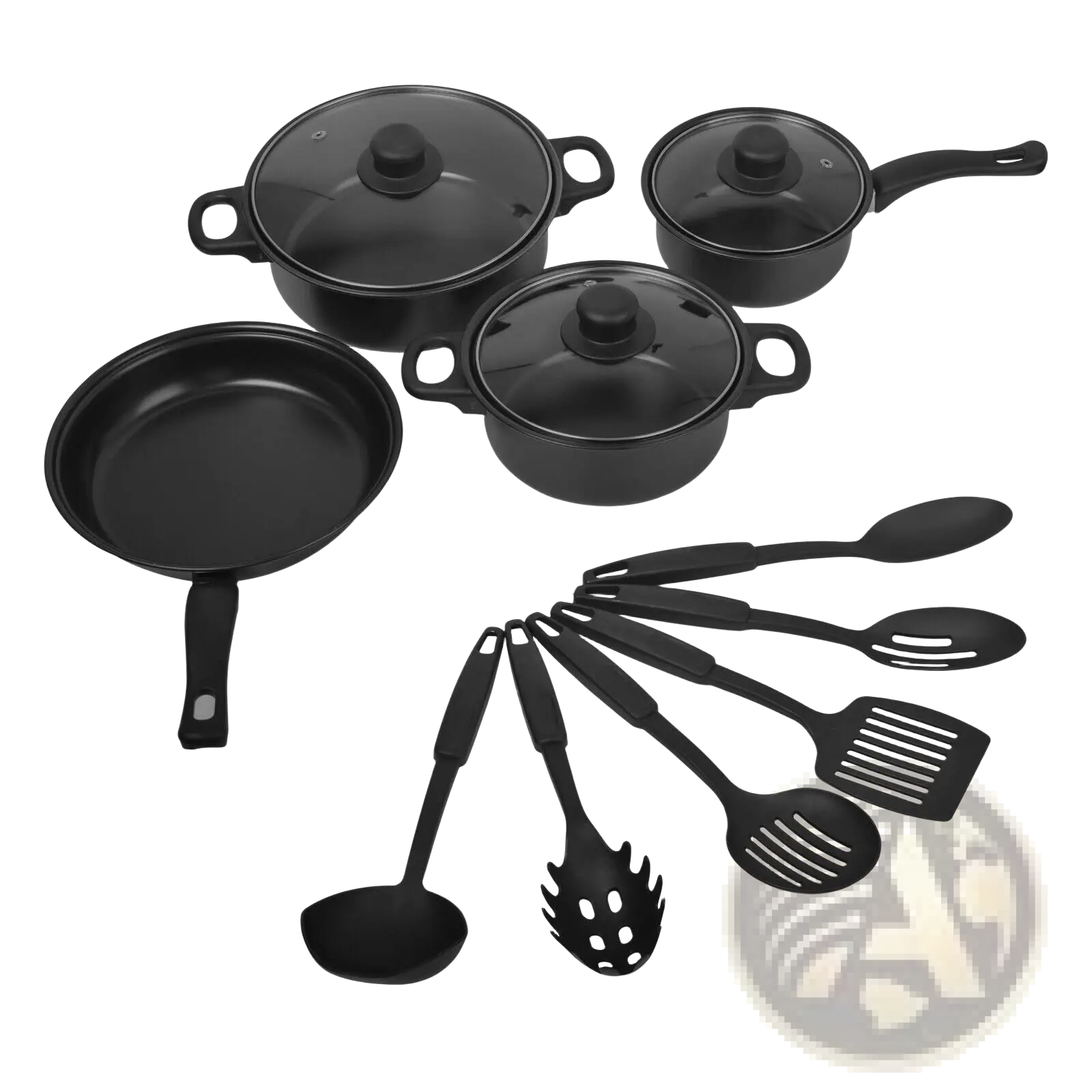 Black 13 piece non stick cookware set with glass lids and matching silicone utensils for versatile cooking