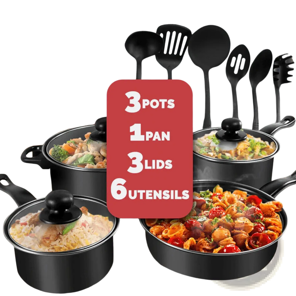 Black 13 piece non stick cookware set with glass lids and matching utensils made of durable non stick material