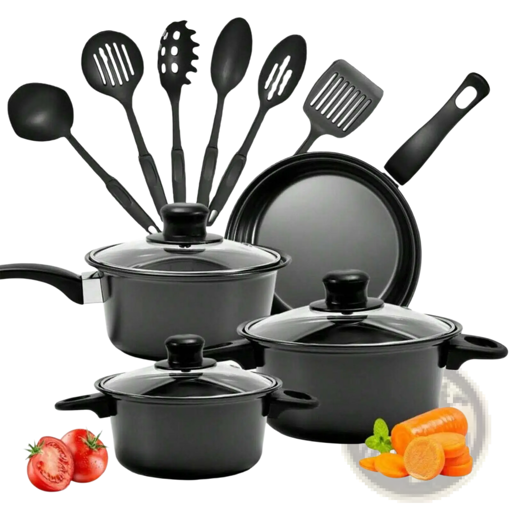 Black non-stick 13 piece cookware set with glass lids and matching utensils ideal for versatile cooking
