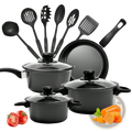 Black non-stick 13 piece cookware set with glass lids and matching utensils ideal for versatile cooking