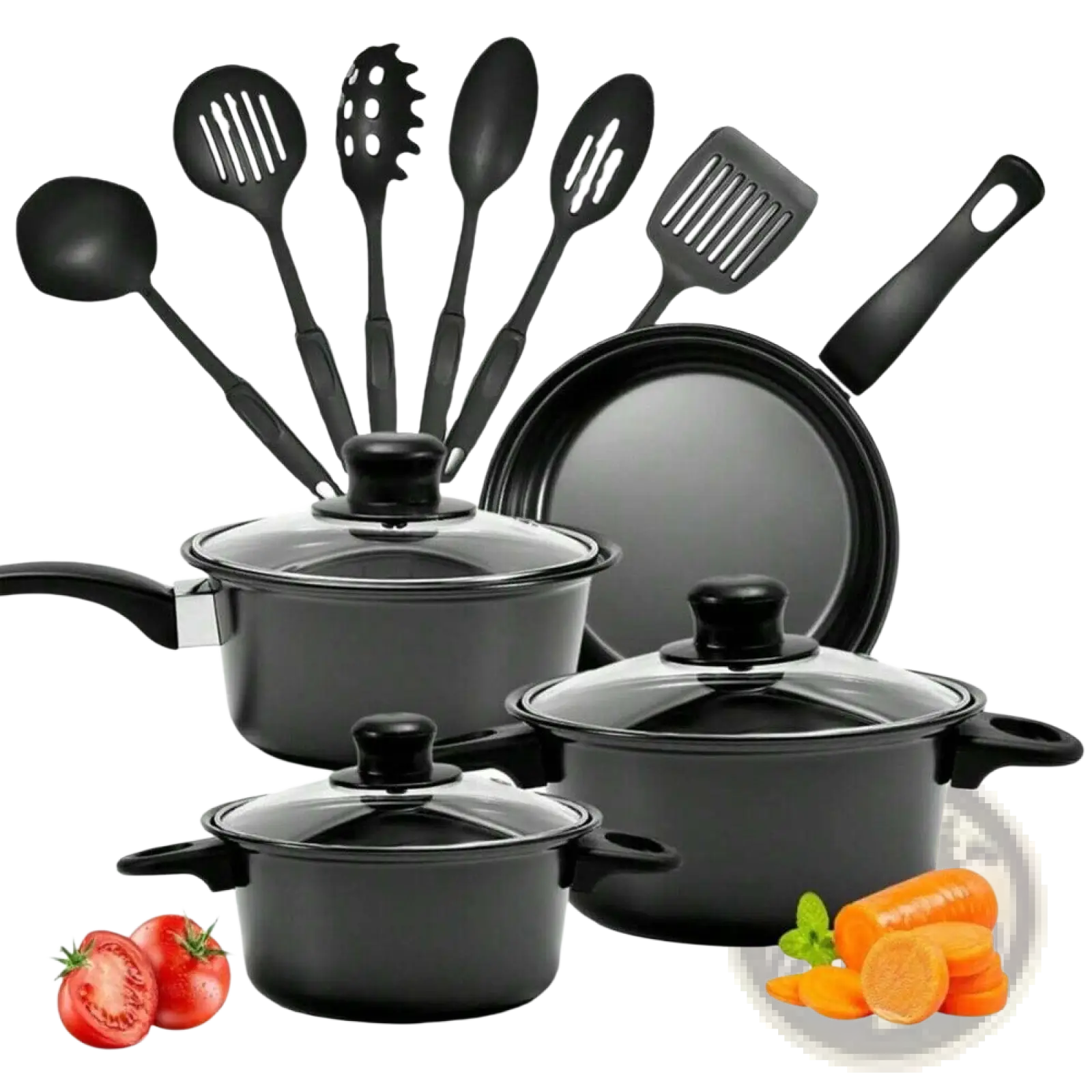 Black non-stick 13 piece cookware set with glass lids and matching utensils ideal for versatile cooking