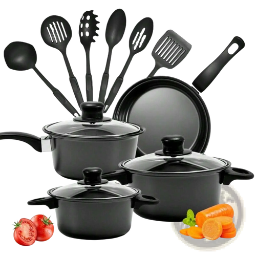 Black non-stick 13 piece cookware set with glass lids and matching utensils ideal for versatile cooking