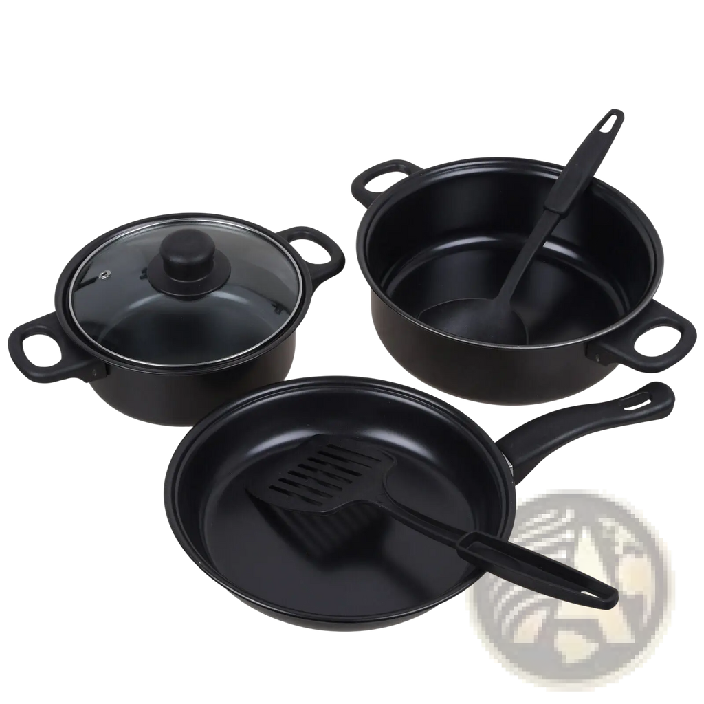 Black non stick 13 piece cookware set with glass lids and matching utensils for versatile kitchen use