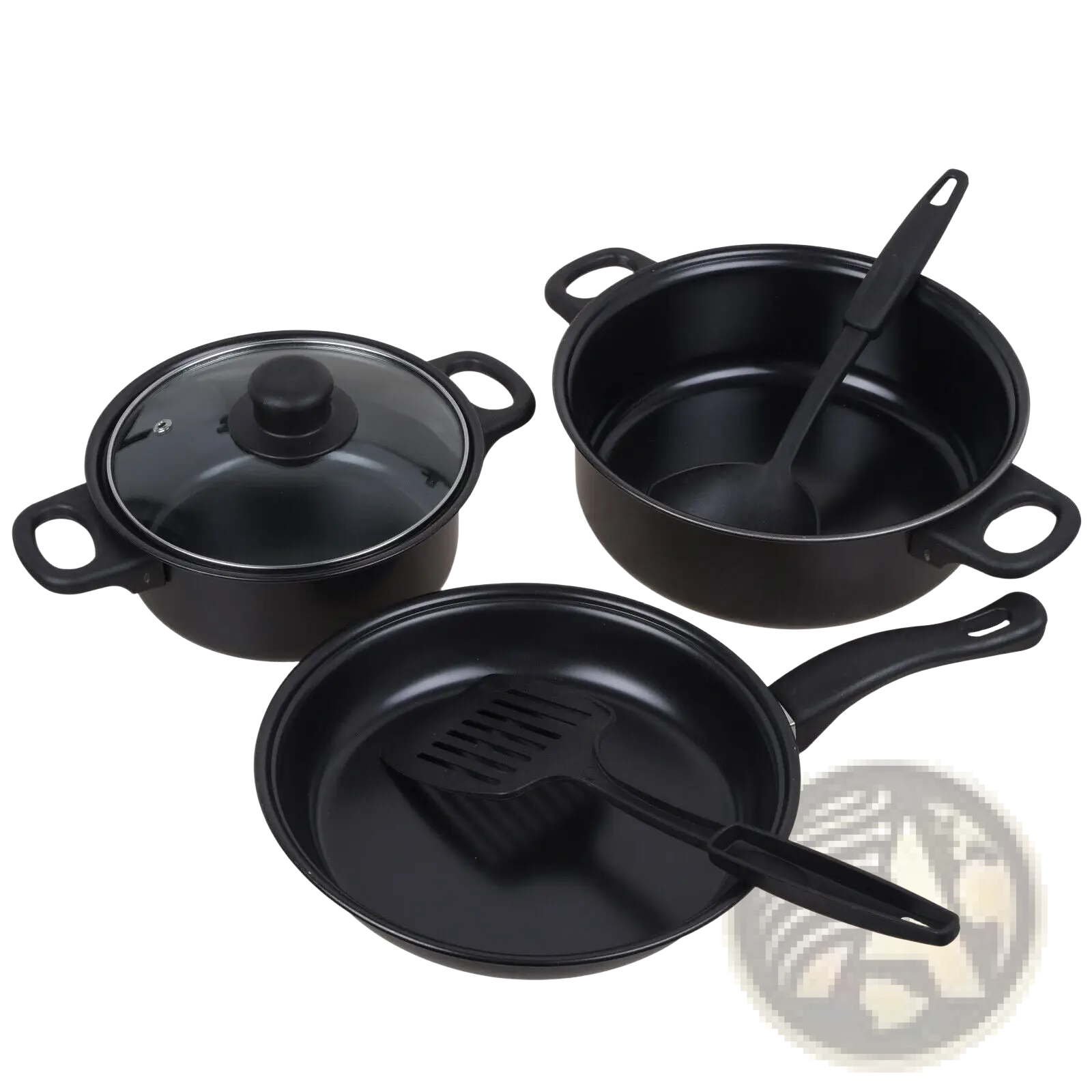 Black non stick 13 piece cookware set with glass lids and matching utensils for versatile kitchen use