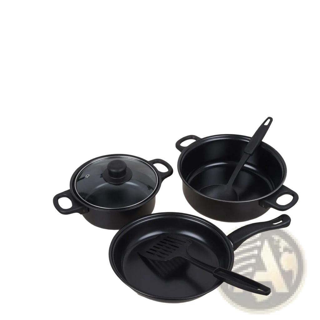 Black 13 piece non stick cookware set with glass lids and matching spatula for versatile kitchen use