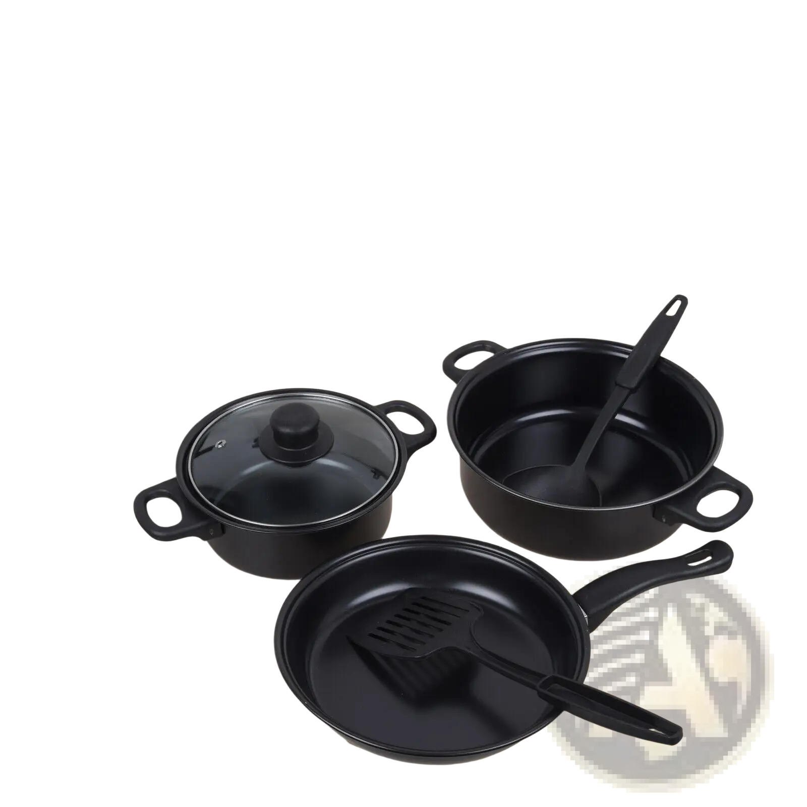 Black 13 piece non stick cookware set with glass lids and matching spatula for versatile kitchen use