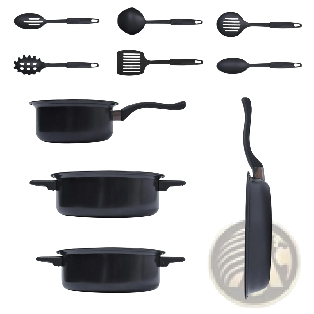 Black non-stick cookware set with 13 pieces including pots, pans, utensils, and glass lids for versatile cooking