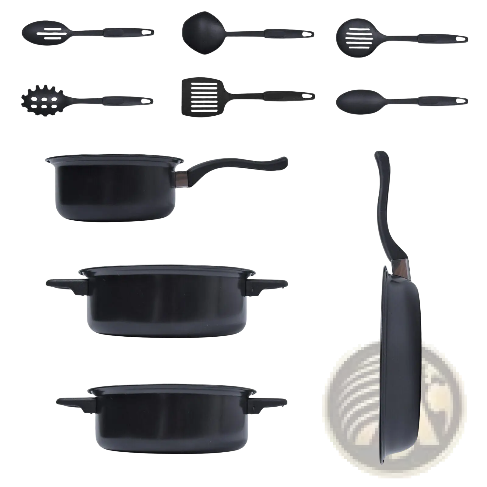 Black non-stick cookware set with 13 pieces including pots, pans, utensils, and glass lids for versatile cooking