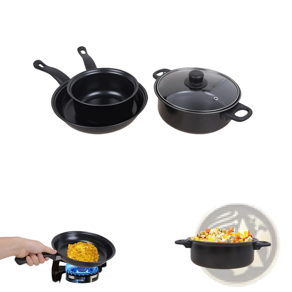 Set of black non stick cookware with glass lids and matching frying pan in a 13 piece cookware set