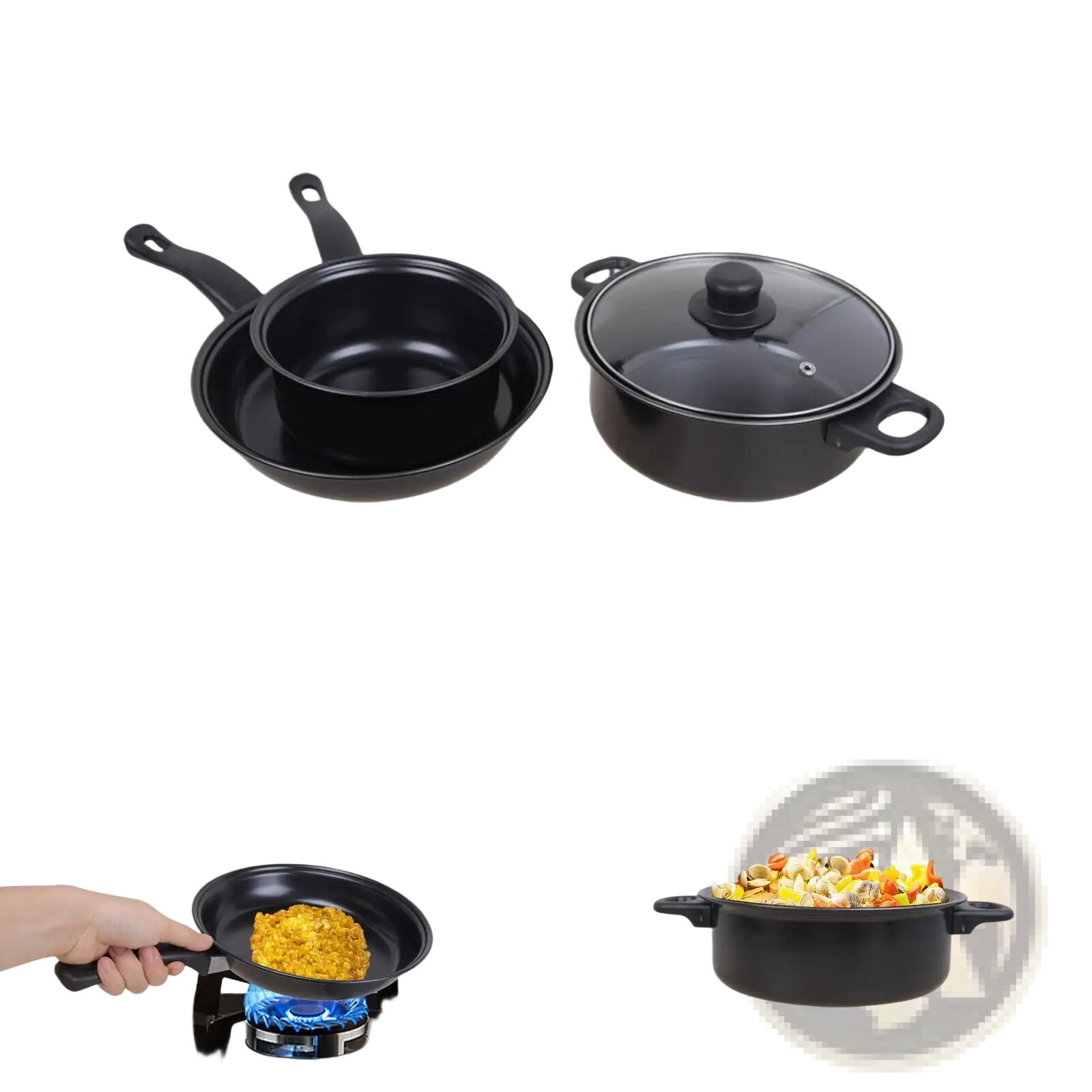 Set of black non stick cookware with glass lids and matching frying pan in a 13 piece cookware set