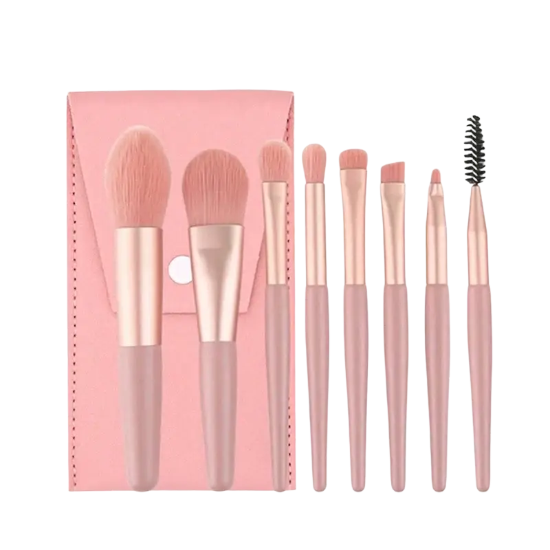 13 piece professional makeup brush set with pink brushes, rose gold accents, and matching pink leather case